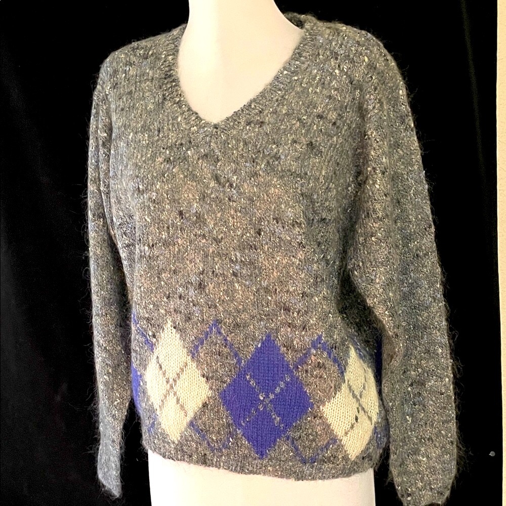 Women’s VINTAGE CASUAL CORNER Mohair & Argyle V-Neck Sweater Sz S